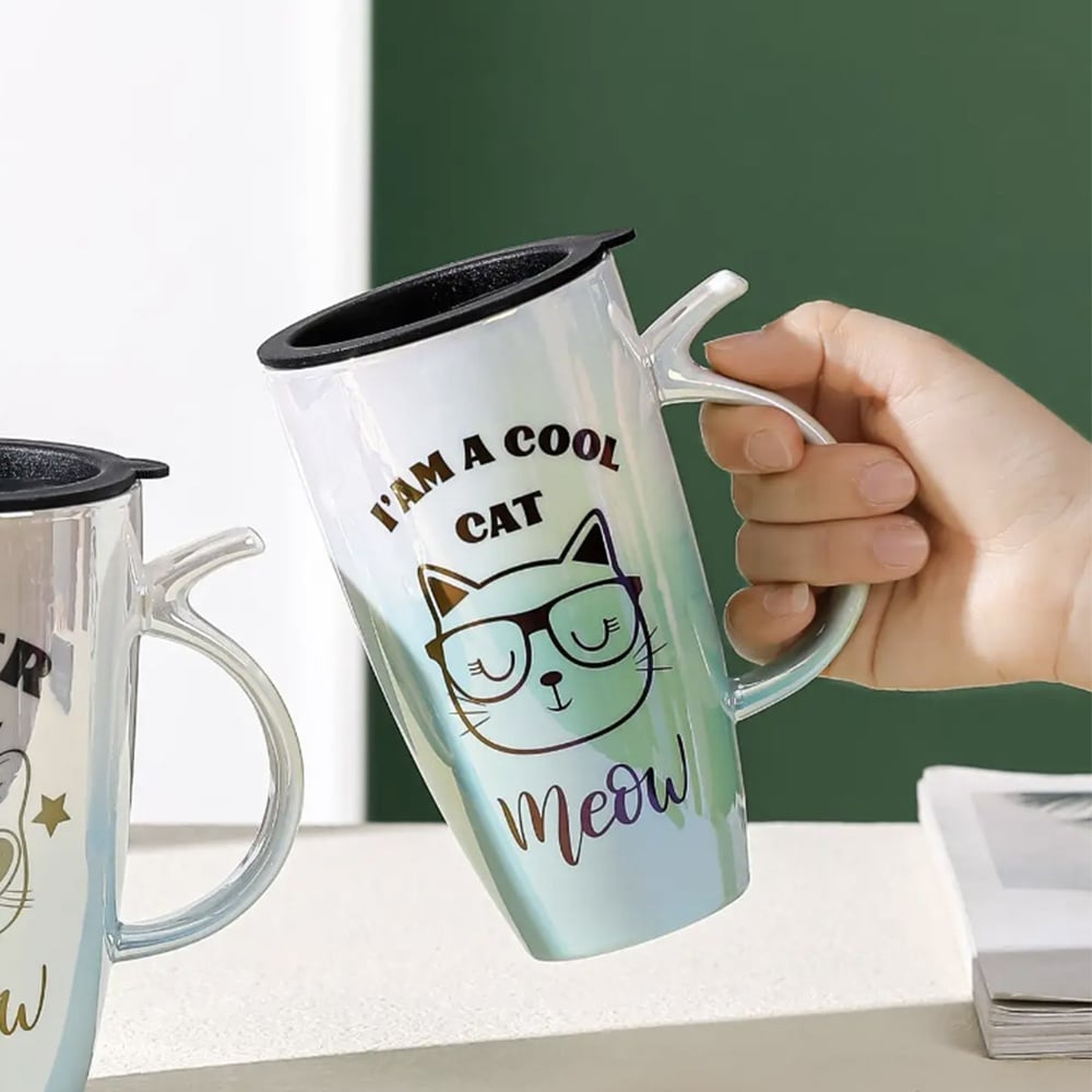 Cana inalta din ceramica cu capac Pufo Cool Cat, pentru cafea sau ceai, 450 ml - 2 | YEO