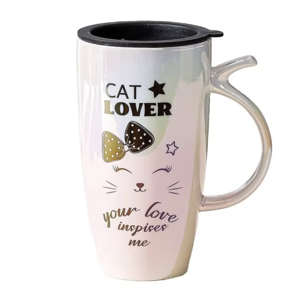 Cana inalta din ceramica cu capac Pufo Love Inspire, pentru cafea sau ceai, 450 ml