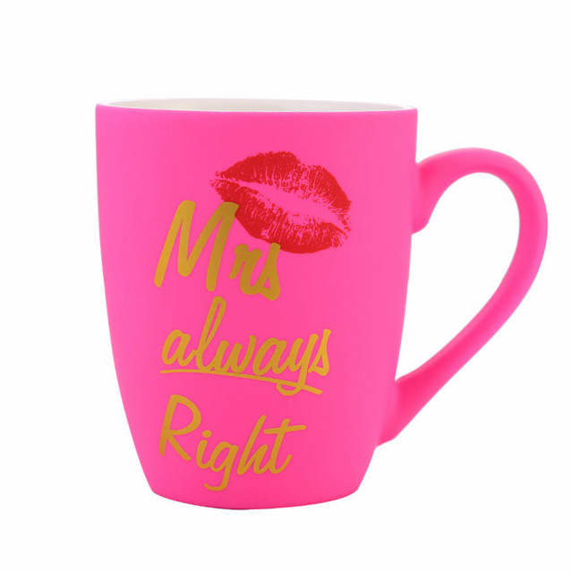 Cana mata din ceramica Pufo Mrs Right, pentru cafea sau ceai, 360 ml, roz