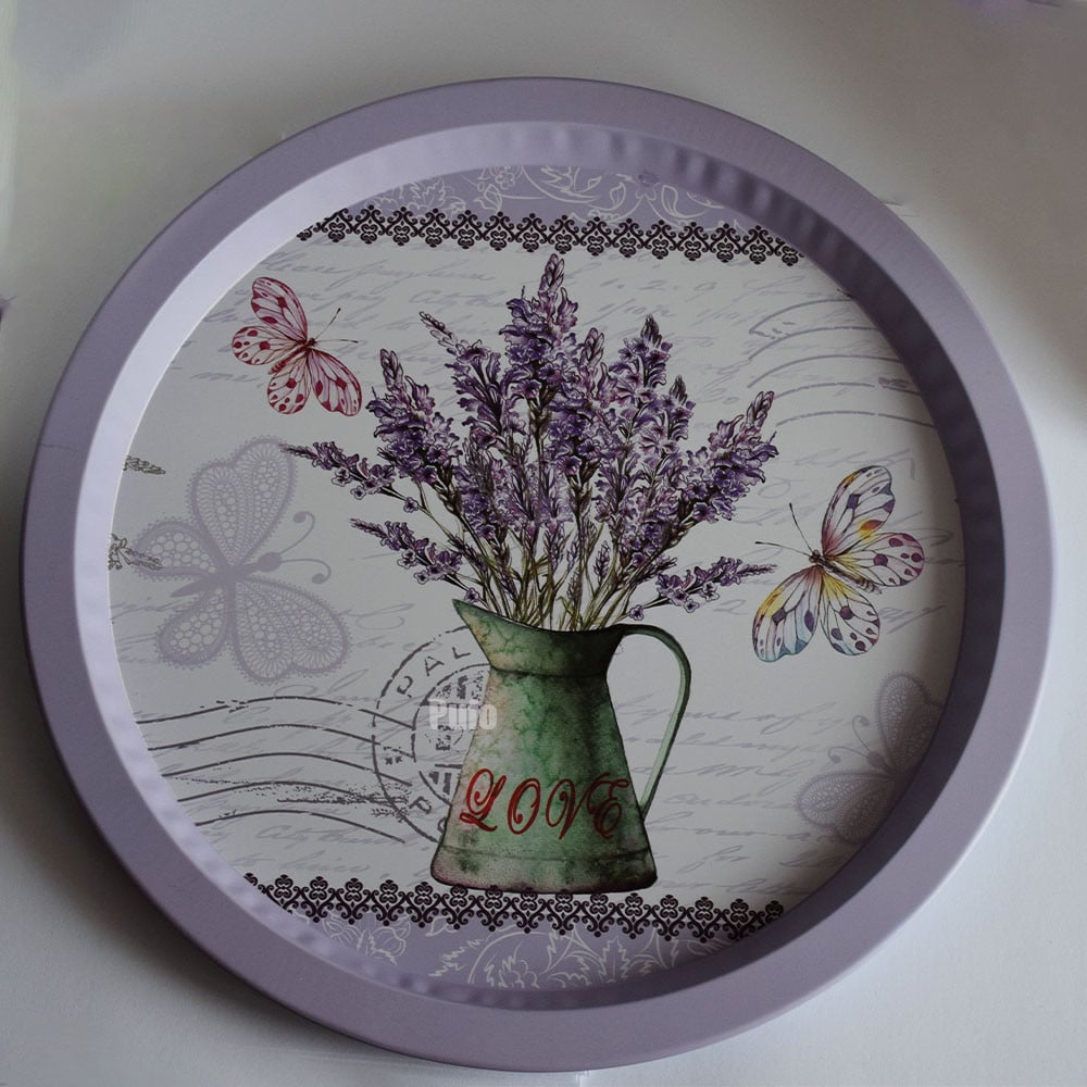 Farfurie metalica rotunda Pufo Lavender bouquet pentru servire desert, prajituri, aperitive, 33 cm - 2 | YEO