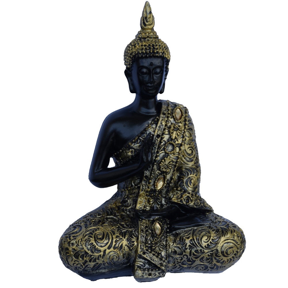 Statueta Buddha, decoratiune Feng Shui, 19 cm, negru/auriu