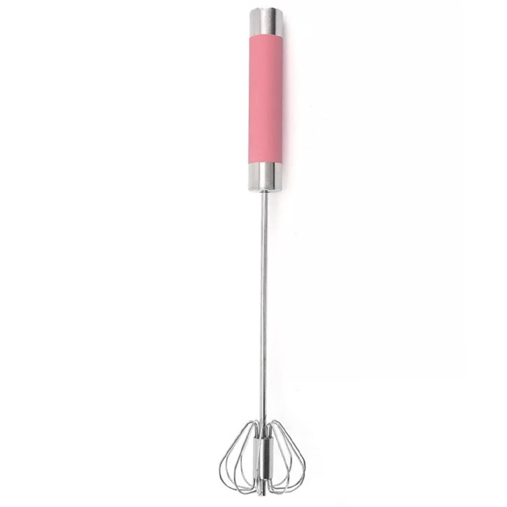 Tel practic semi automat Pufo din otel inoxidabil, tip mixer cu actionare manuala, pentru spumare si amestecare, 31 cm, roz