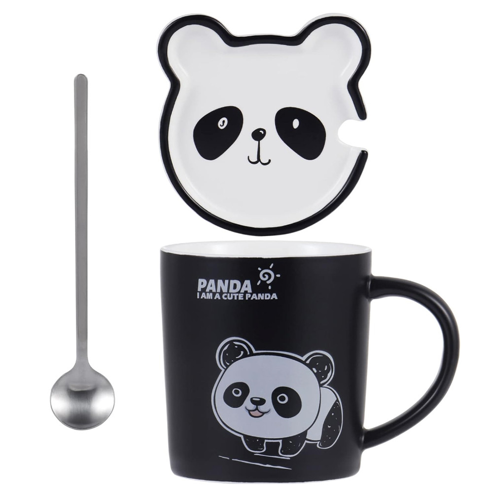 Cana cu capac din ceramica si lingurita Pufo Baby Panda pentru cafea sau ceai, 300 ml - 1 | YEO