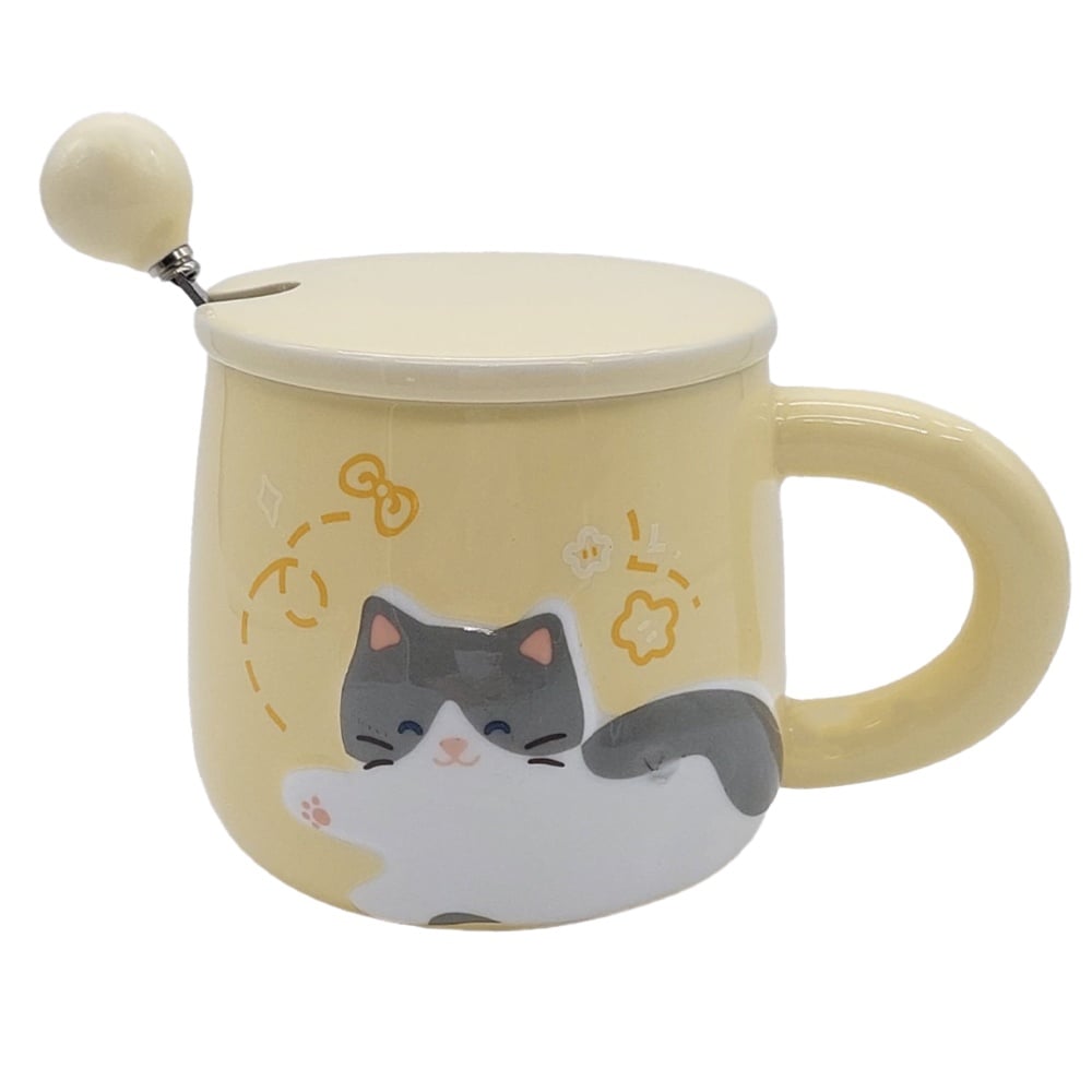 Cana cu capac din ceramica si lingurita Pufo Happy Kitty pentru cafea sau ceai, 350 ml, galben