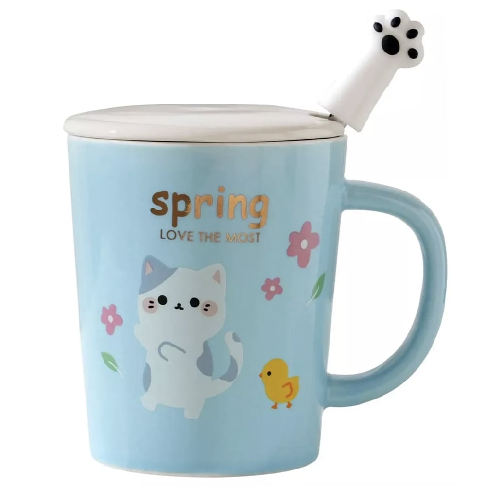 Cana cu capac din ceramica si lingurita Pufo Love Kitty pentru cafea sau ceai, 250 ml, albastru