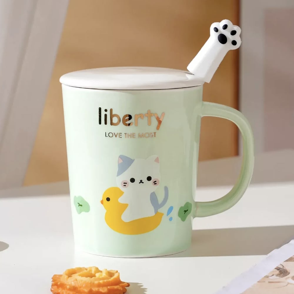 Cana cu capac din ceramica si lingurita Pufo Love Kitty pentru cafea sau ceai, 250 ml, verde - 1 | YEO