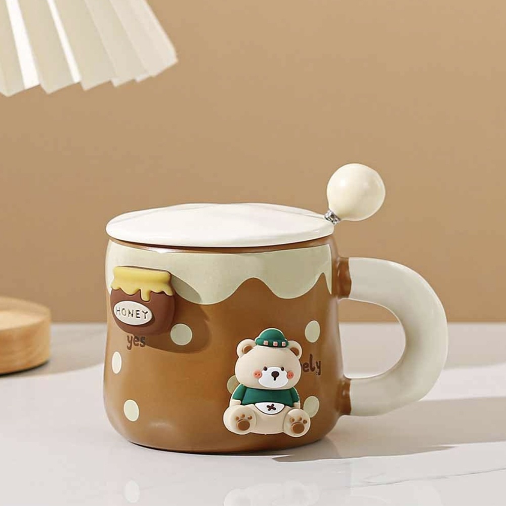 Cana cu capac din ceramica si lingurita Pufo Lovely Bear pentru cafea sau ceai, 350 ml - 1 | YEO