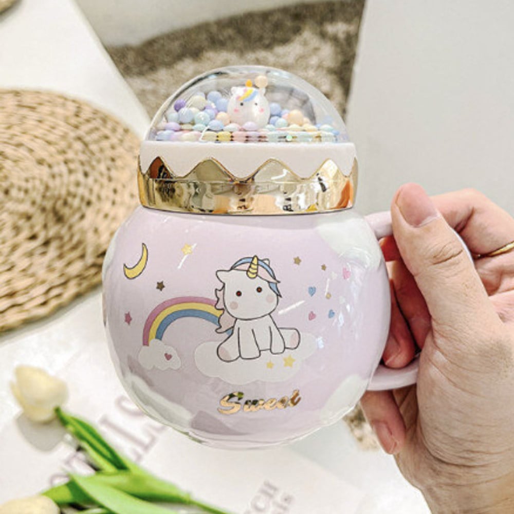 Cana din ceramica cu capac Pufo Unicorn World pentru cafea sau ceai, 400 ml, mov - 3 | YEO