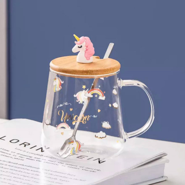 Cana din sticla cu capac din bambus Pufo World of Unicorns, pentru cafea sau ceai, 350 ml, transparent - 2 | YEO