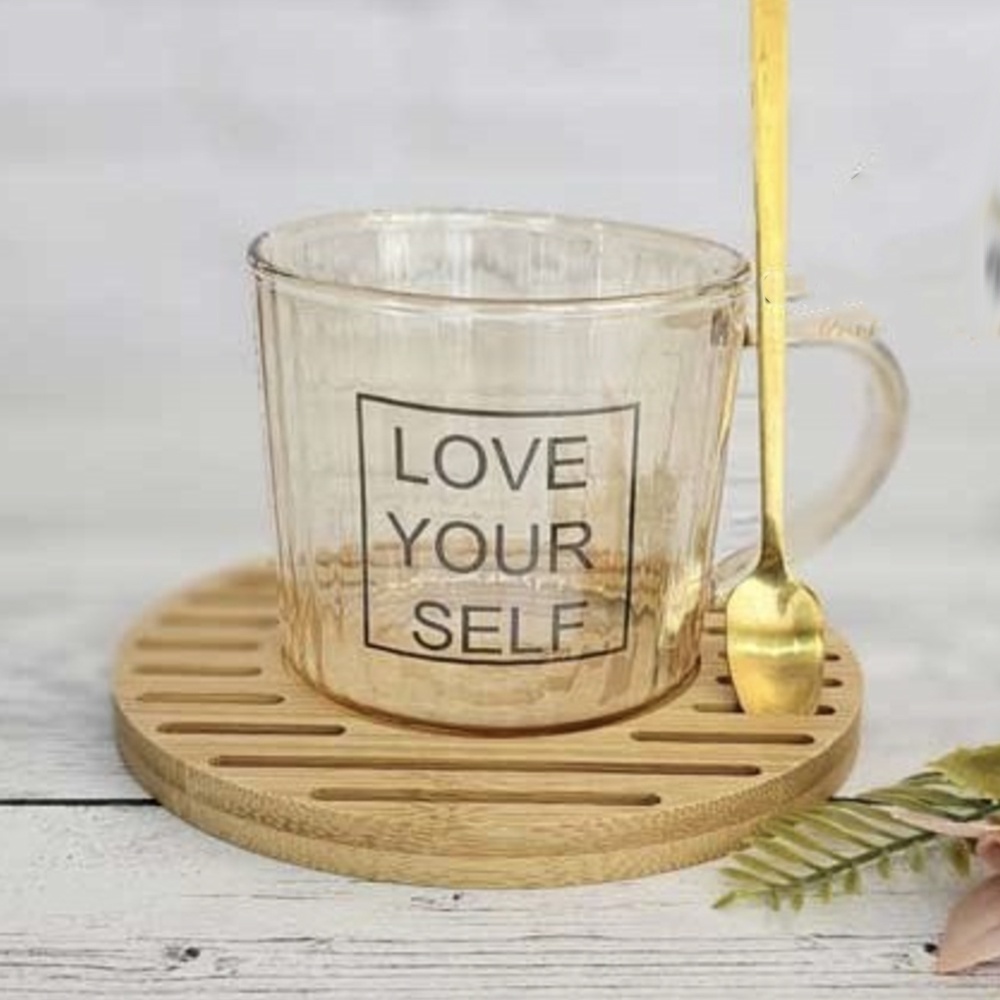 Cana din sticla cu suport din lemn de bambus si lingurita Pufo Love Yourself pentru cafea sau ceai, 200 ml - 1 | YEO