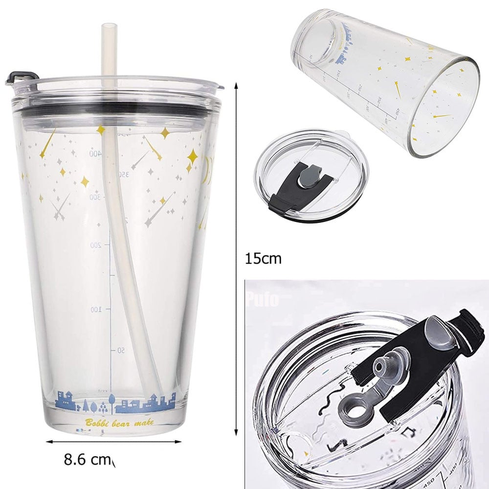 Cana gradata din sticla transparenta Pufo Stars pentru cafea cu capac, 450 ml - 2 | YEO