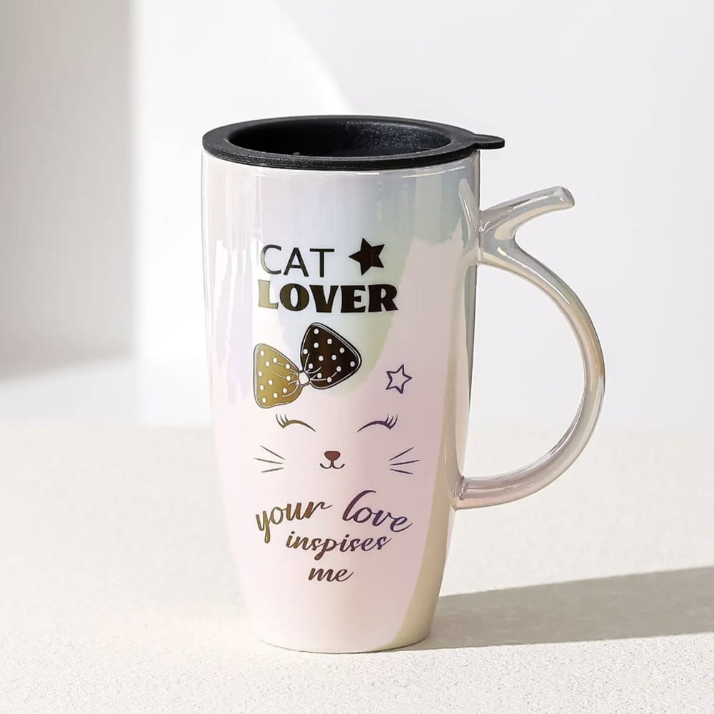 Cana inalta din ceramica cu capac Pufo Love Inspire, pentru cafea sau ceai, 450 ml - 1 | YEO