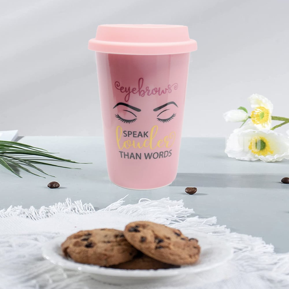 Cana ceramica de voiaj Pufo pentru cafea cu capac din silicon, 415 ml, model Eyebrows speak, roz - 2 | YEO