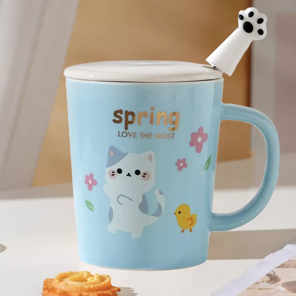 Cana cu capac din ceramica si lingurita Pufo Love Kitty pentru cafea sau ceai, 250 ml, albastru - 1 | YEO