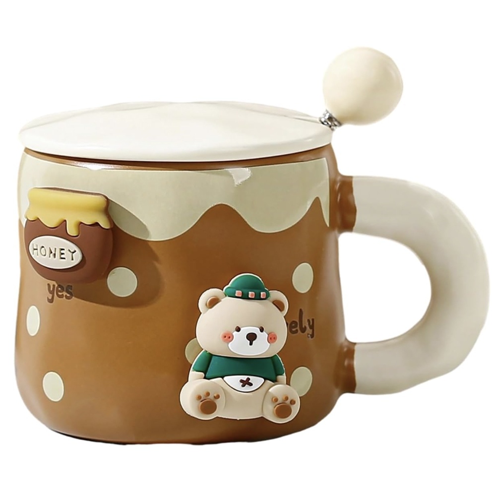 Cana cu capac din ceramica si lingurita Pufo Lovely Bear pentru cafea sau ceai, 350 ml