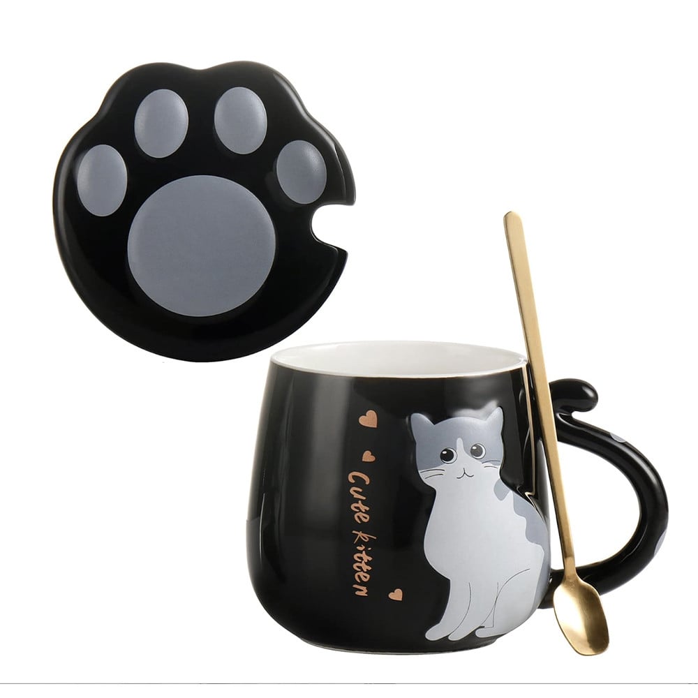 Cana cu capac din ceramica si lingurita Pufo Sweet Kitty pentru cafea sau ceai, 300 ml, negru - 1 | YEO