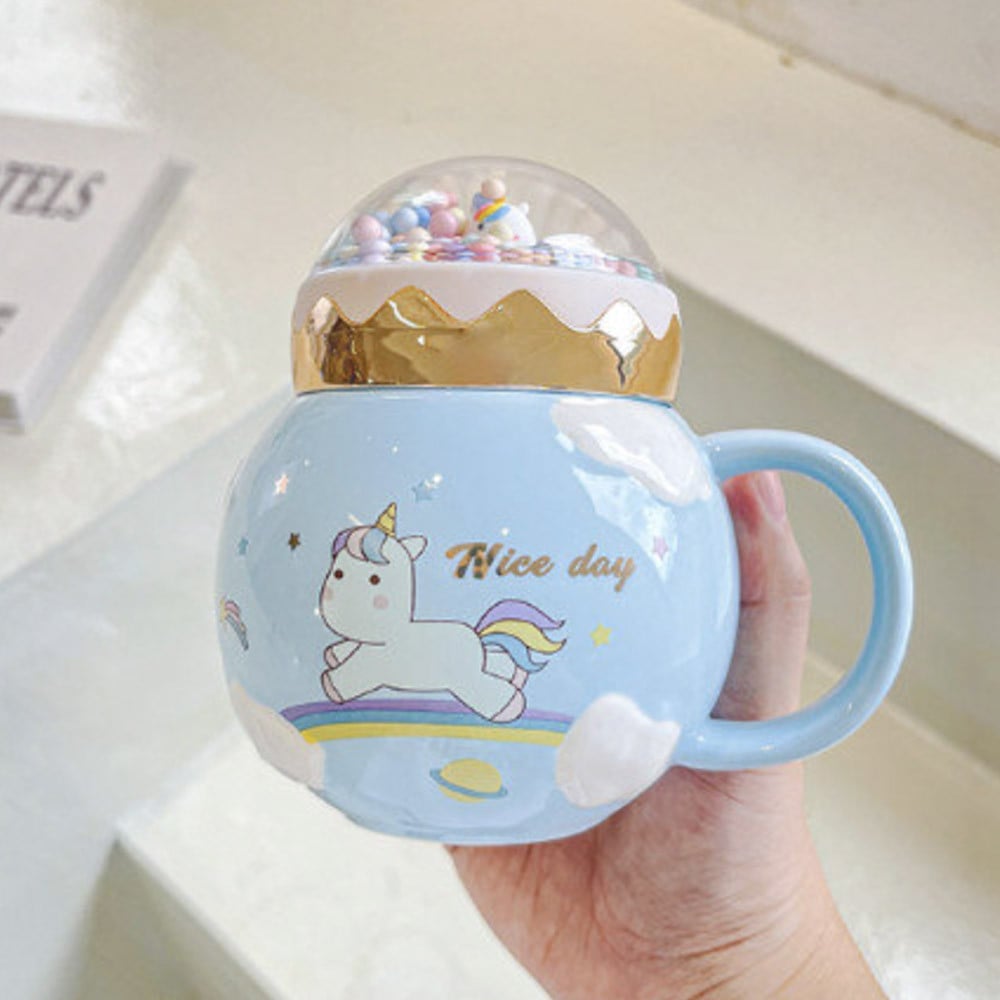 Cana din ceramica cu capac Pufo Unicorn World pentru cafea sau ceai, 400 ml, albastru - 1 | YEO