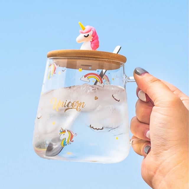 Cana din sticla cu capac din bambus Pufo World of Unicorns, pentru cafea sau ceai, 350 ml, transparent - 3 | YEO