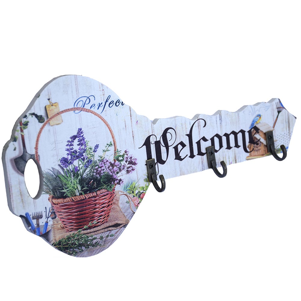 Cuier decorativ suport din lemn Pufo Welcome pentru chei, in forma de cheie, 24 cm