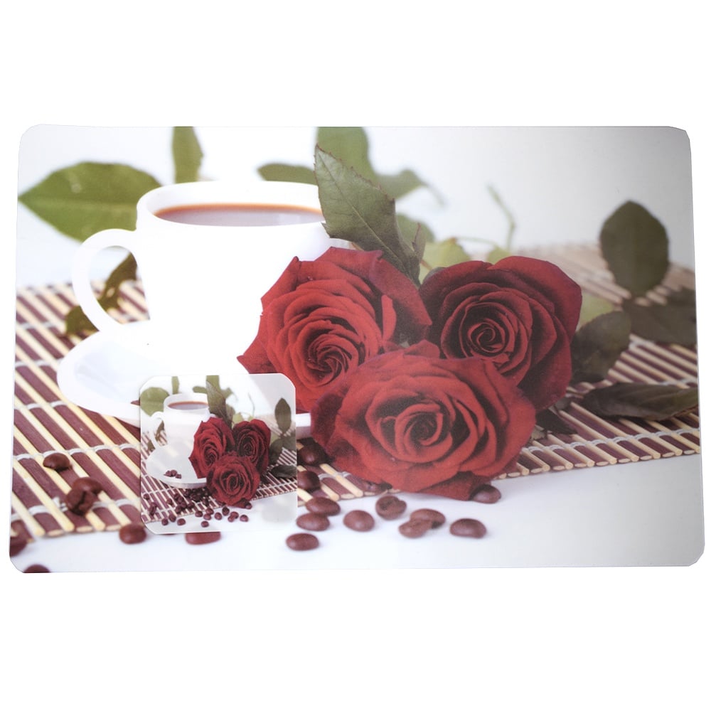 Set suport pahar si farfurie pentru servirea mesei, model Pufo Morning Roses, 6 bucati