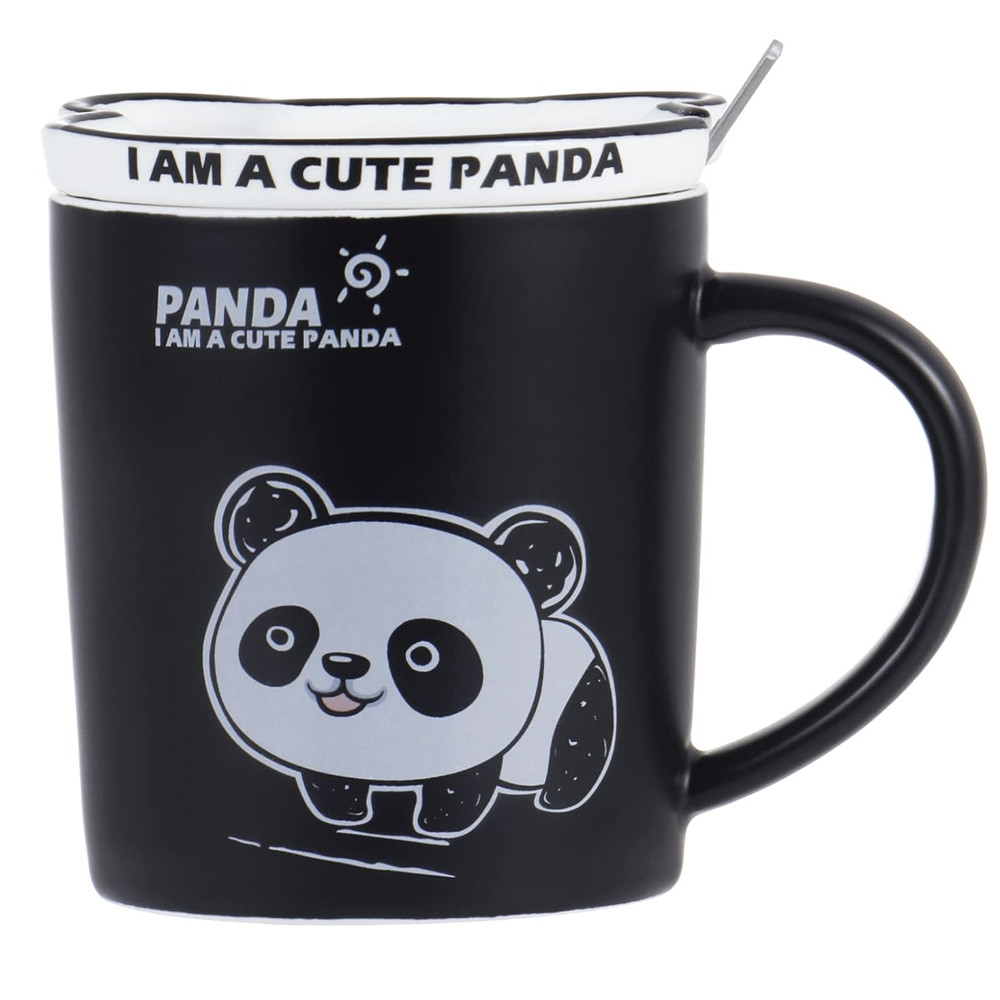 Cana cu capac din ceramica si lingurita Pufo Baby Panda pentru cafea sau ceai, 300 ml - 2 | YEO