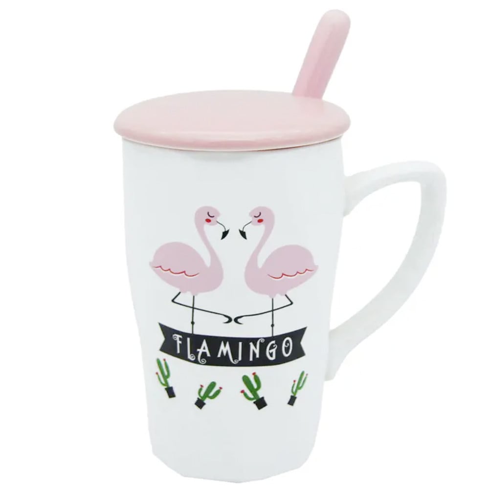 Cana cu capac din ceramica si lingurita Pufo Flamingo pentru cafea sau ceai, 12 cm