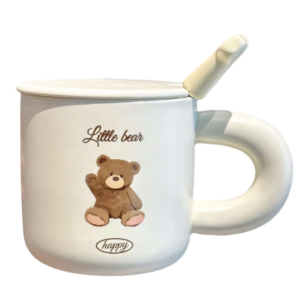 Cana cu capac din ceramica si lingurita Pufo Happy Bear pentru cafea sau ceai, 350 ml, alb - 1 | YEO