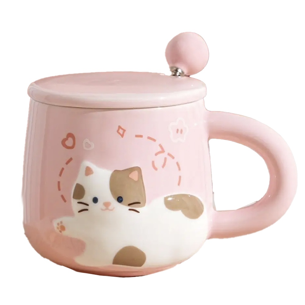 Cana cu capac din ceramica si lingurita Pufo Happy Kitty pentru cafea sau ceai, 350 ml, roz