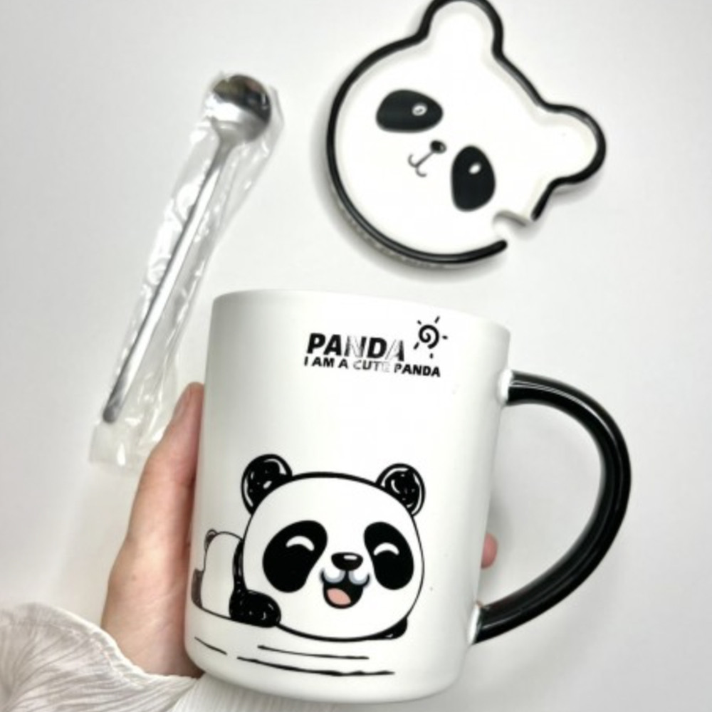 Cana cu capac din ceramica si lingurita Pufo Little Panda pentru cafea sau ceai, 300 ml - 2 | YEO