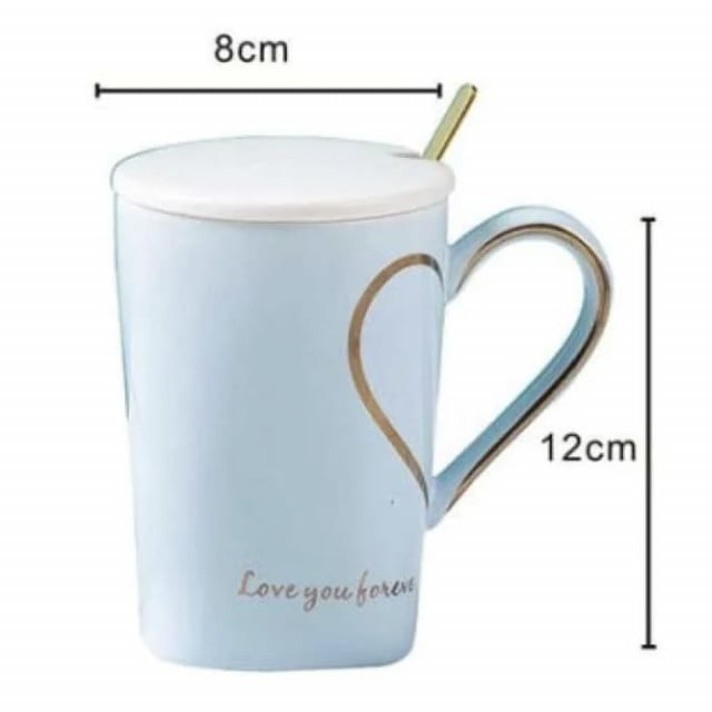 Cana cu capac din ceramica si lingurita Pufo Love you Sweetheart pentru cafea sau ceai, 350 ml, albastru - 1 | YEO