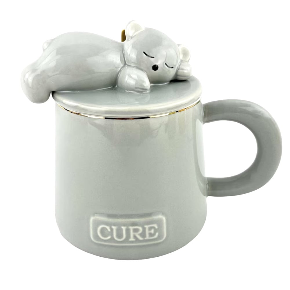 Cana cu capac din ceramica si lingurita Pufo Sleepy Bear pentru cafea sau ceai, 320 ml, gri