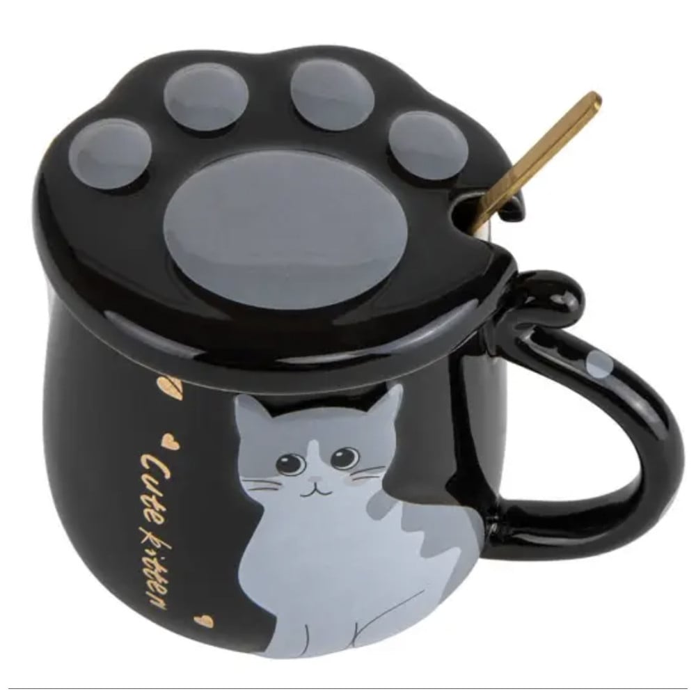 Cana cu capac din ceramica si lingurita Pufo Sweet Kitty pentru cafea sau ceai, 300 ml, negru - 2 | YEO