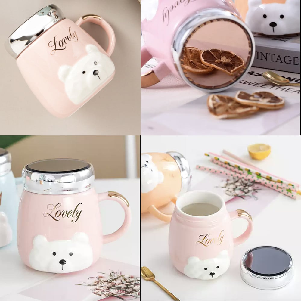 Cana din ceramica cu capac Pufo Lovely Bear pentru cafea sau ceai, 350 ml, roz - 2 | YEO