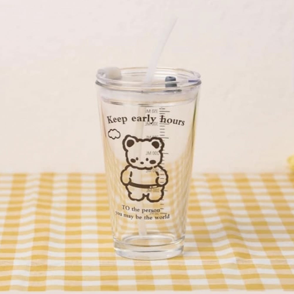 Cana din sticla transparenta Pufo Bear pentru cafea cu capac, 450 ml - 2 | YEO