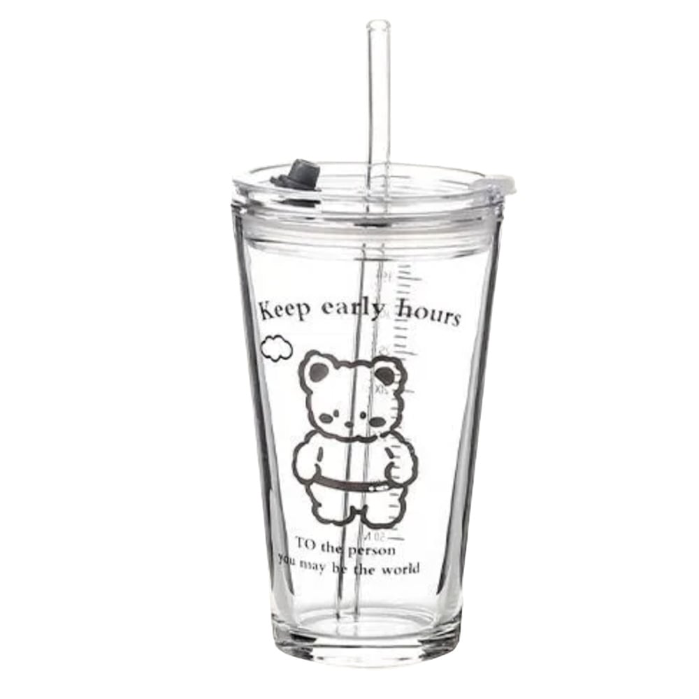 Cana din sticla transparenta Pufo Bear pentru cafea cu capac, 450 ml