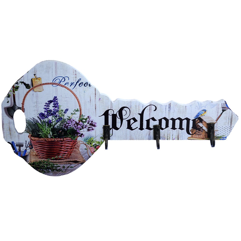 Cuier decorativ suport din lemn Pufo Welcome pentru chei, in forma de cheie, 24 cm - 1 | YEO