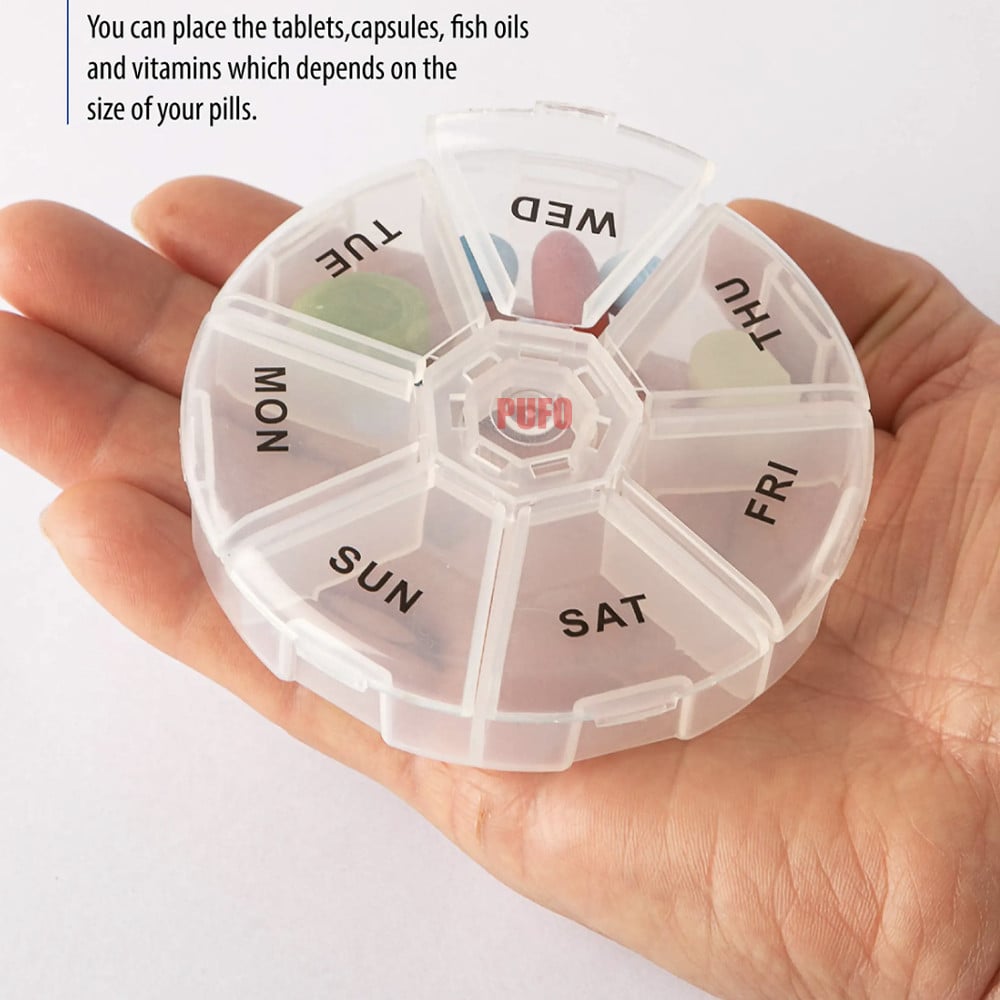 Cutie rotunda pentru organizare medicamente, vitamine sau suplimente pentru o saptamana,Pufo Pill, 9 cm, transparent - 2 | YEO