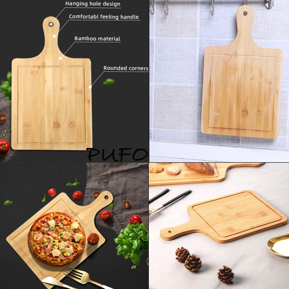 Platou Pufo din lemn de bambus cu maner pentru servire alimente, aperitive, pizza, 33 x 18 cm, maro - 1 | YEO