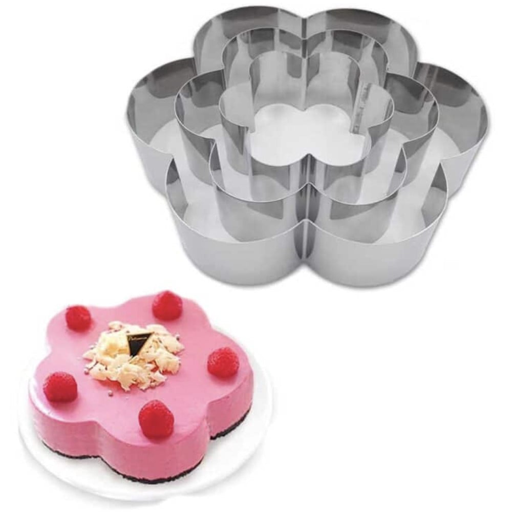 Set 3 inele metalice Pufo Flower Cake in forma de floare, pentru blat de tort, prajituri, otel inoxidabil, argintiu - 2 | YEO