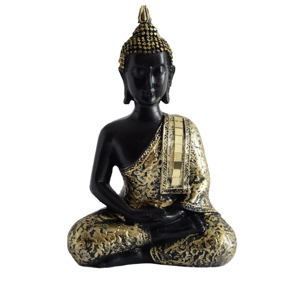 Statueta Buddha, decoratiune Feng Shui, 15 cm, negru/auriu