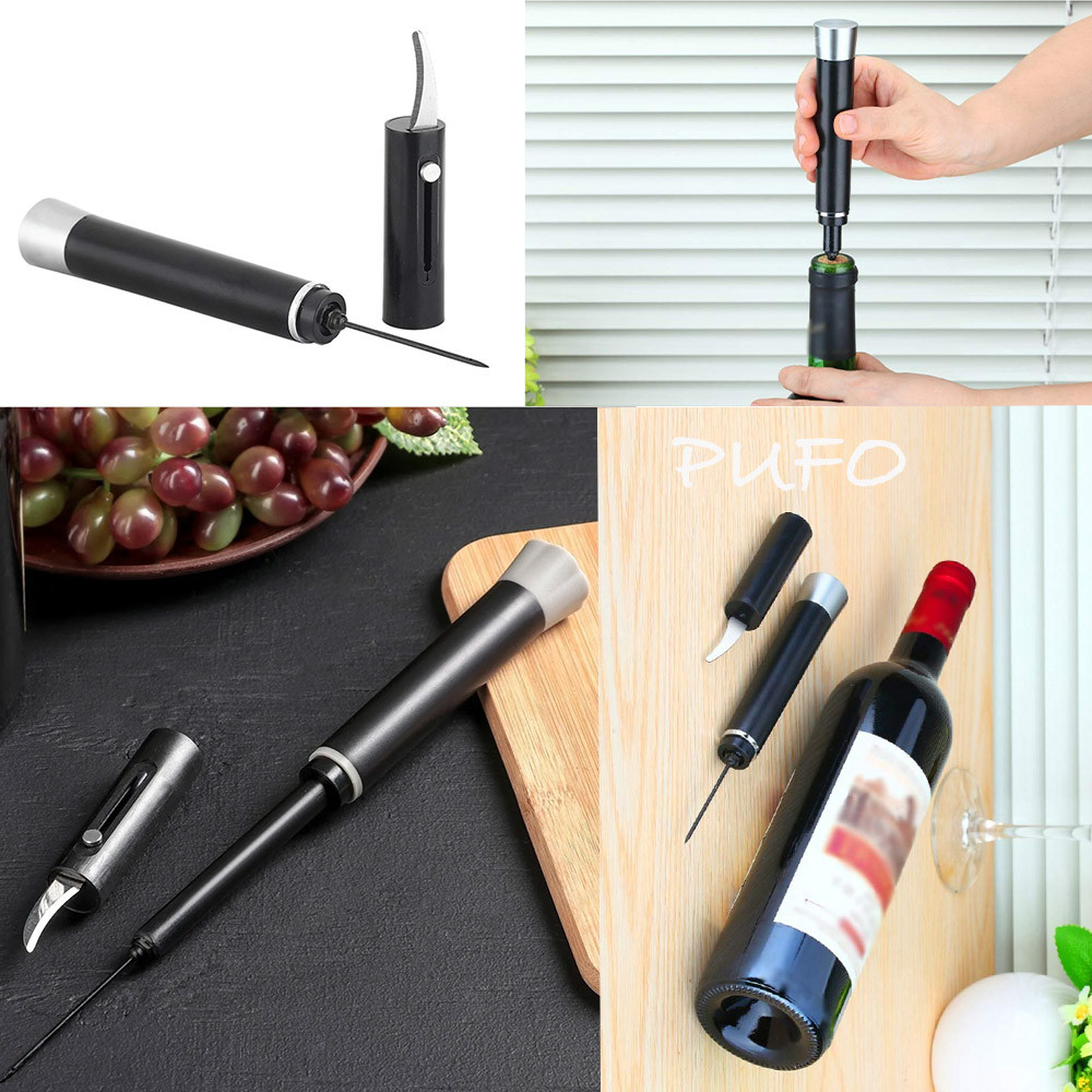 Tirbuson practic Pufo pentru sticle de vin cu presiune de aer, desfacator modern, 19 cm, negru - 2 | YEO