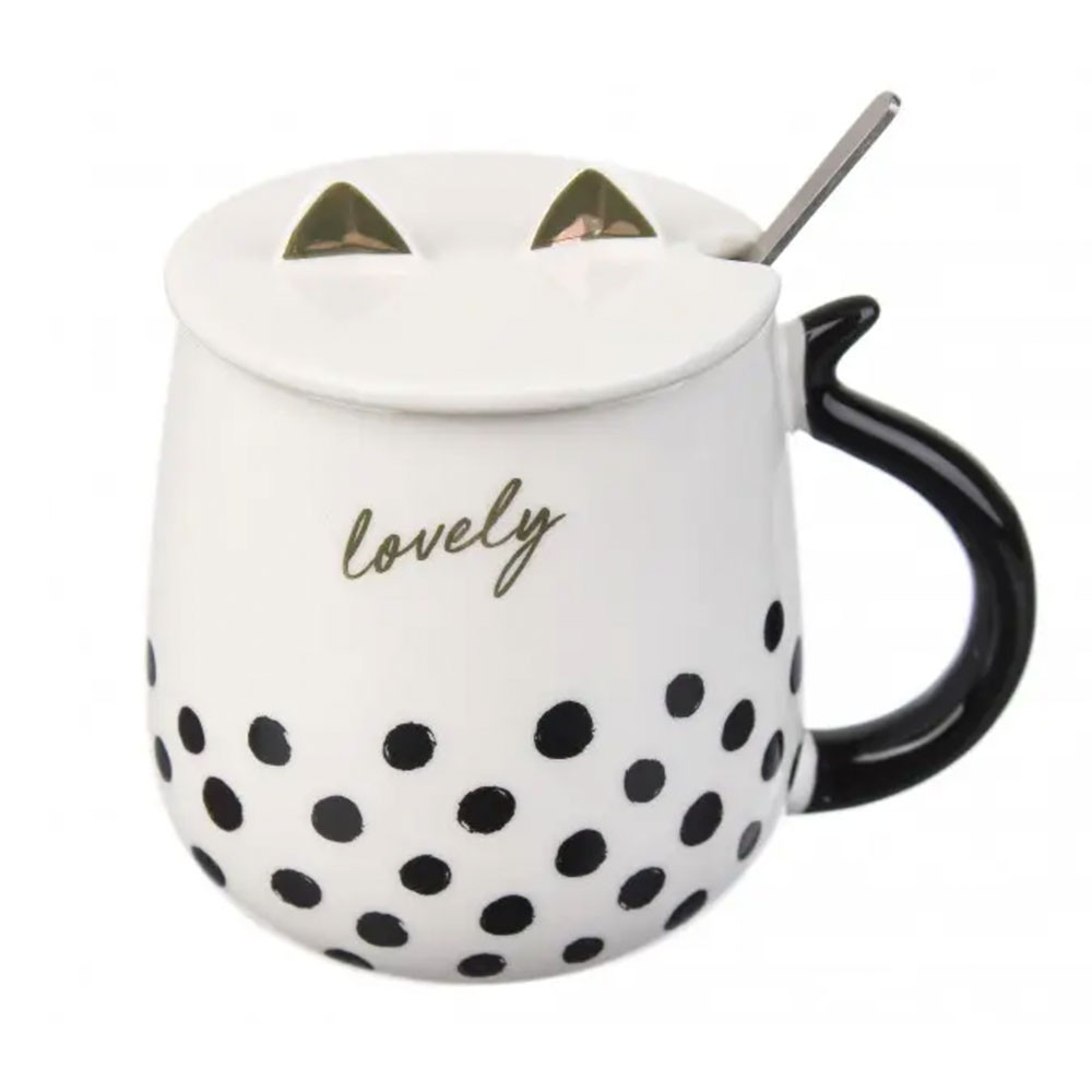 Cana ceramica cu capac si lingurita Pufo Lovely pentru cafea sau ceai, 450 ml, alb