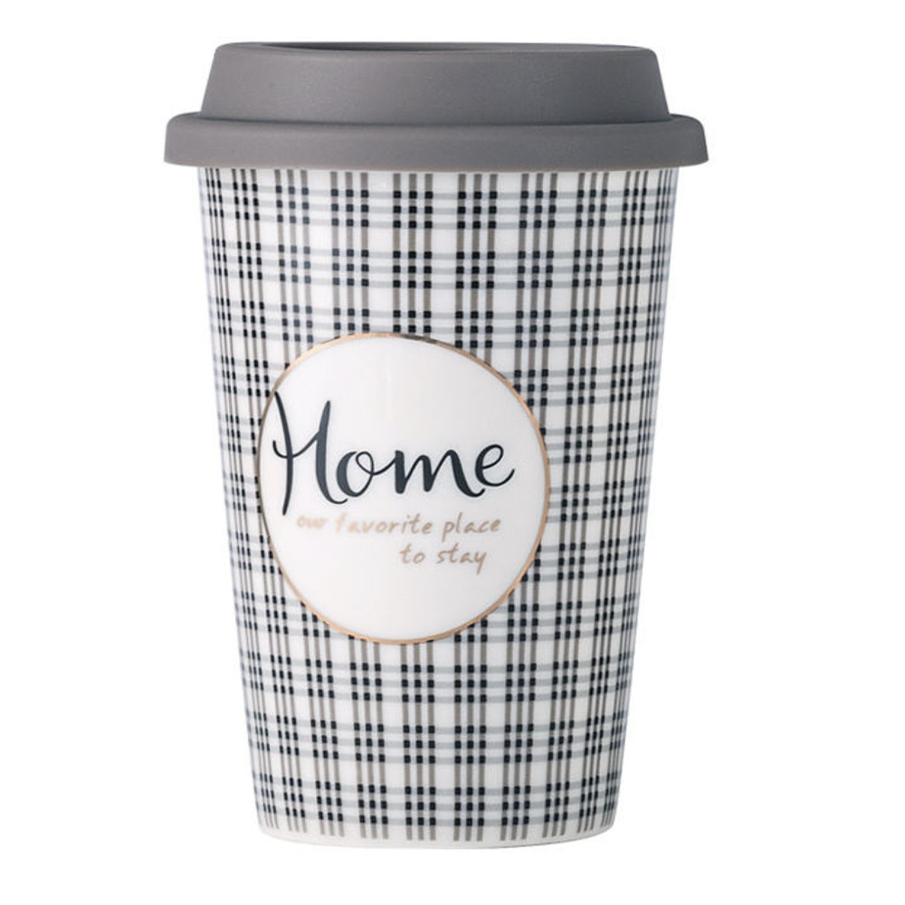 Cana ceramica de voiaj Pufo Home pentru cafea cu capac din silicon, 415 ml, gri inchis