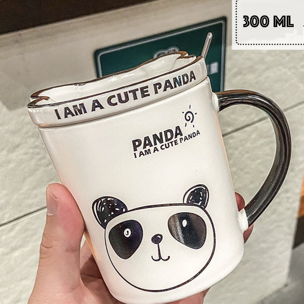 Cana cu capac din ceramica si lingurita Pufo Lonely Panda pentru cafea sau ceai, 300 ml - 1 | YEO