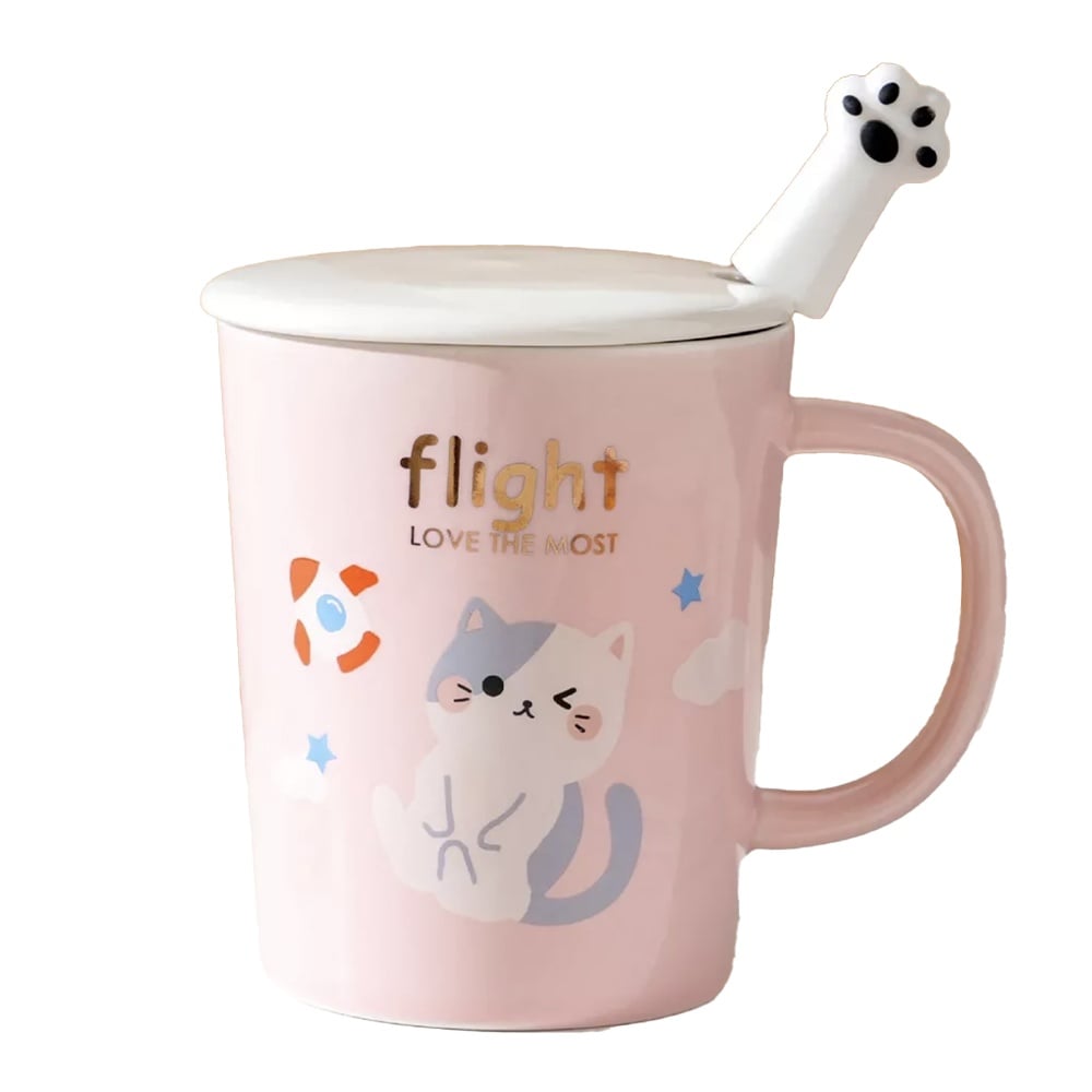 Cana cu capac din ceramica si lingurita Pufo Love Kitty pentru cafea sau ceai, 250 ml, roz