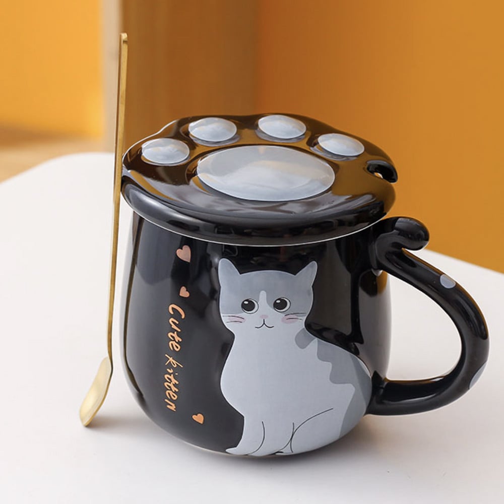 Cana cu capac din ceramica si lingurita Pufo Sweet Kitty pentru cafea sau ceai, 300 ml, negru - 3 | YEO