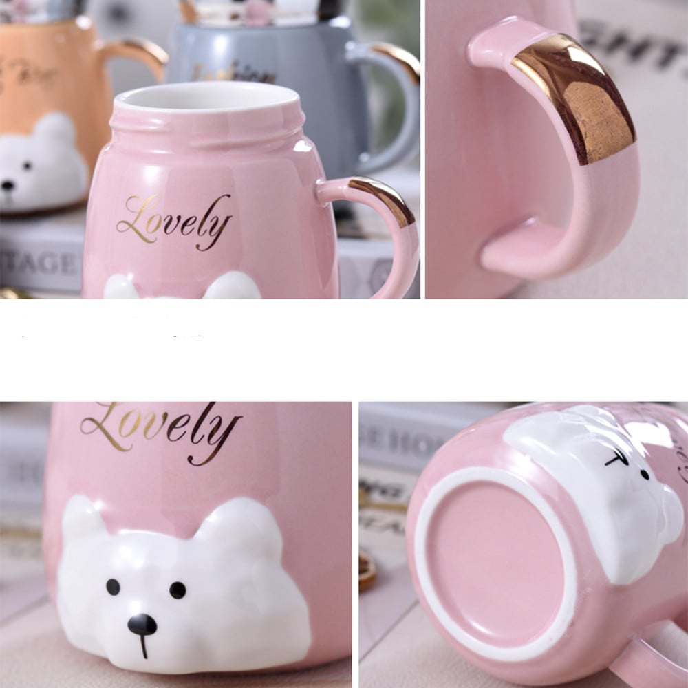 Cana din ceramica cu capac Pufo Lovely Bear pentru cafea sau ceai, 350 ml, roz - 3 | YEO