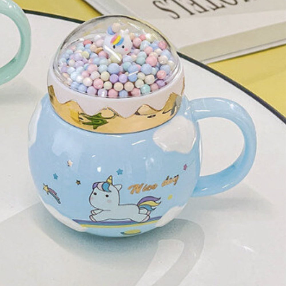 Cana din ceramica cu capac Pufo Unicorn World pentru cafea sau ceai, 400 ml, albastru - 2 | YEO