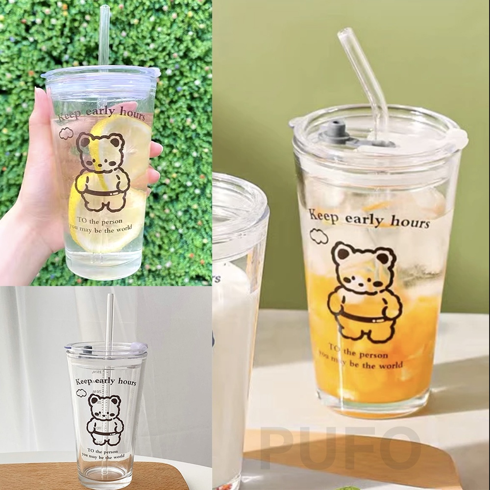 Cana din sticla transparenta Pufo Bear pentru cafea cu capac, 450 ml - 3 | YEO