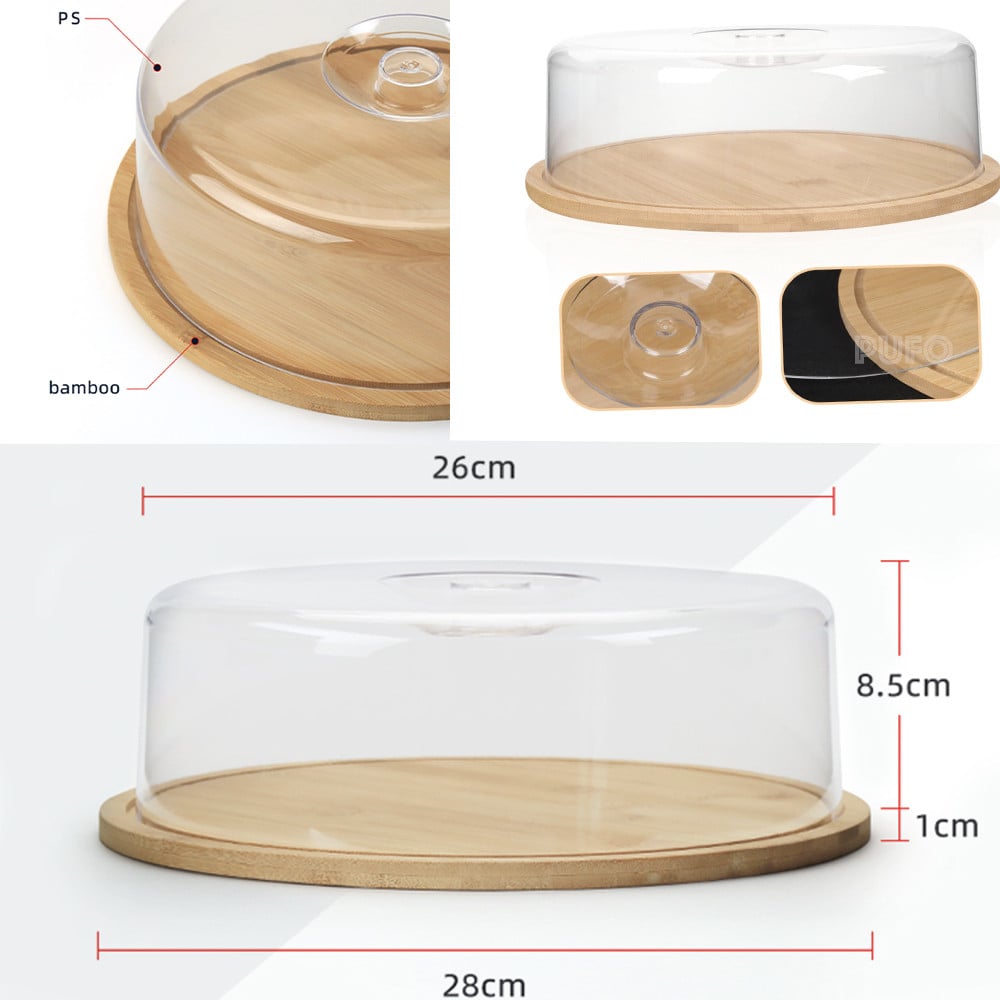 Platou rotund Pufo din bambus cu capac transparent pentru servire torturi, aperitive, prajituri, branzeturi, 28 cm - 2 | YEO